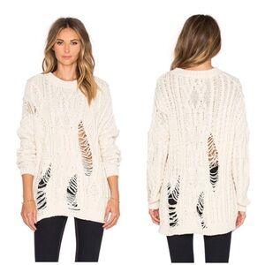 Revolve J.O.A. Distressed fisherman Ivory Cable Knit Oversized Sweater Sz medium